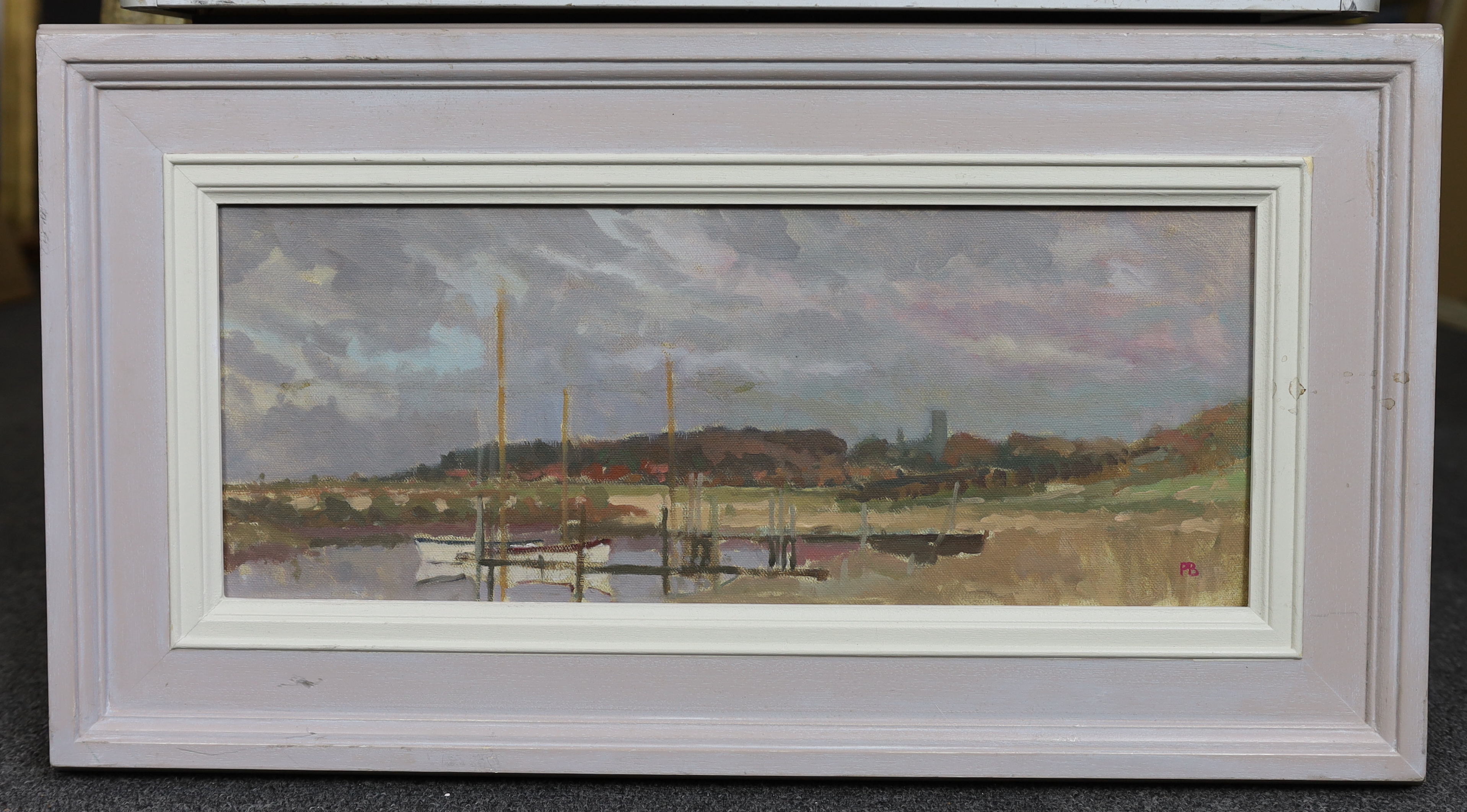 Paul Banning (English, 1934-), oil on canvas, Estuary landscape, initialled and inscribed verso 19 x 50cm